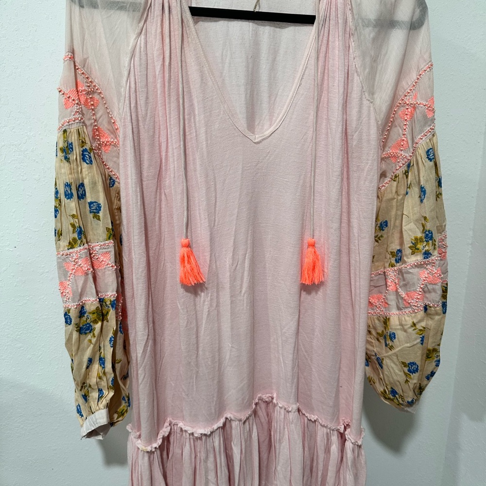 Free People Bohemian Pink and Floral Long Sleeve Dress